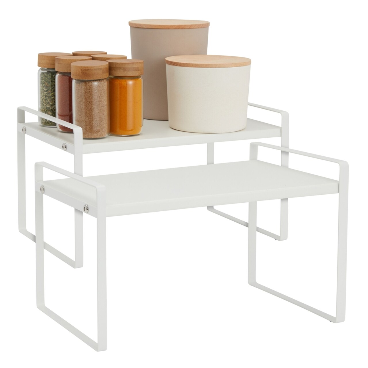 2 Pack White Kitchen Cabinet Shelf Organizers, Stackable Shelves for Kitchen Storage, Metal Riser for Plates (13 x 8 x 9 In)